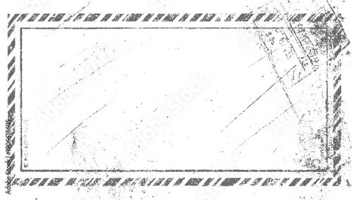Grungy distressed rectangular frame with diagonal hazard stripes and textured overlay grunge border