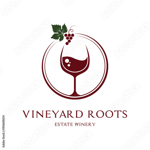Vineyard Roots Estate Winery Logo - Elegant Wine Glass and Grape Icon