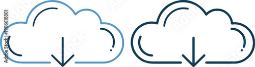Two clouds with downward arrows, one blue outlined and one dark blue