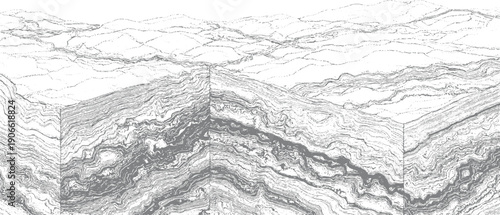 Abstract grayscale topographic map with layered geological strata and winding contours