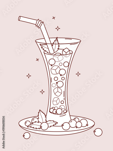 Outline Blackcurrant Drink with Ice Cubes, Berries and Mint Leaves. Summer Refreshing Cocktail in glass and straw on Saucer. Line drawing, coloring page. Vector Illustration