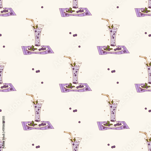 Purple Blackcurrant Drink with Ice Cubes Seamless Pattern. Seasonal Berries Cocktails, Mint and Ice Cubes in glass with straw on White Background. Vector Illustration