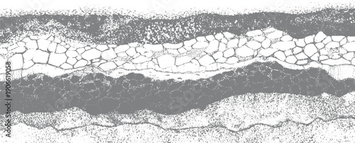 Abstract horizontal bands of cracked grey stone and textured grey and white patterns