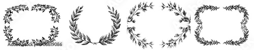 Antique floral wreath design, intricate laurel frame patterns, botanical illustration, art piece.