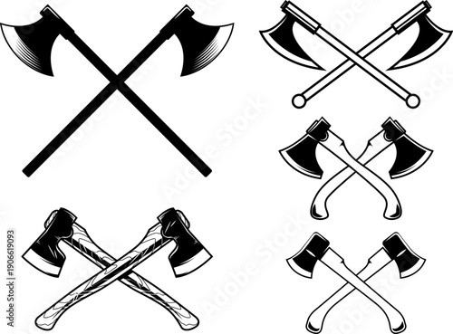 A black and white vector set of crossed axes. This high-contrast collection features various styles including hatchets, battle axes, and tomahawks.