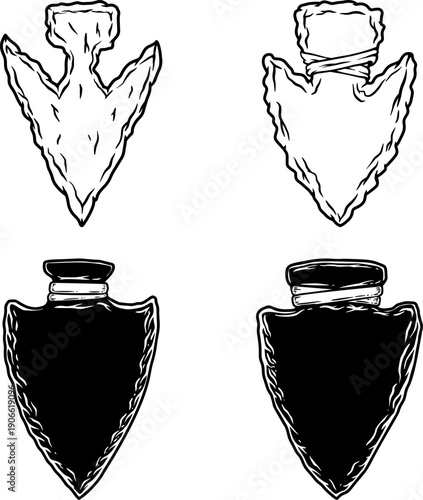 A black and white vector set of primitive stone arrowheads and traditional feathered arrows. High-contrast, hand-drawn style graphics isolated on a white background.