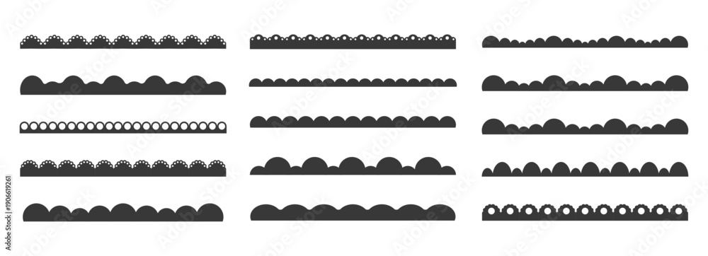 Fototapeta premium Scalloped border fluffy scalloped edge set. lace border, textile frill stripe. Cutout wavy decoration line frame collection