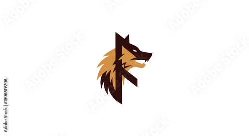 Stylized Wolf Head Logo with Rune Symbol, Minimalist Design