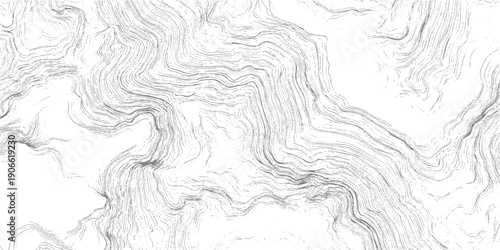 Abstract contour lines representing topographic map or geological strata in shades of gray on white background