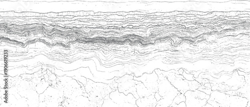Abstract pattern of layered grey lines and dots on white background resembling geological strata or seismic data