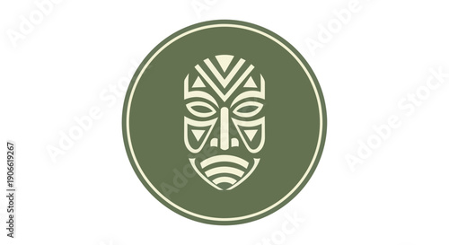 Tribal Mask Icon, African Culture, Ancient Symbol, Ethnic Design, Green Circle