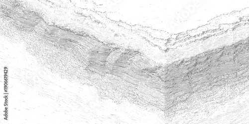 Detailed gray contour lines depicting layered geological strata and cliff face