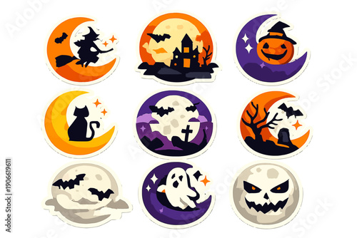 Halloween Icon Sticker Set: Spooky Vector Collection with Witch, Pumpkin, Ghost, Cat, Haunted Castle, and Full Moons