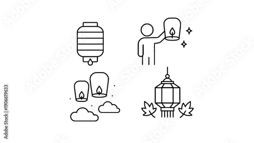A lantern icon set with various designs and a person holding one