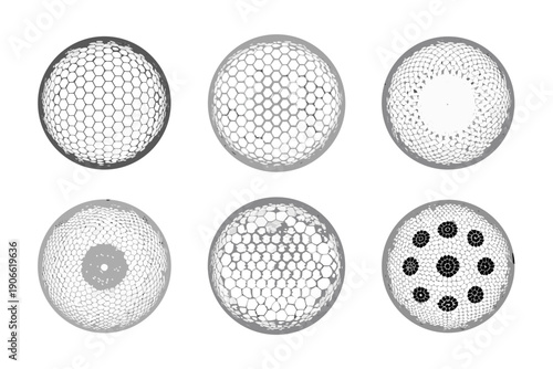 A series of six circular grayscale images displaying varied textured patterns