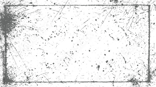 Grungy distressed rectangular frame with scattered ink splatters and fine scratches on white background