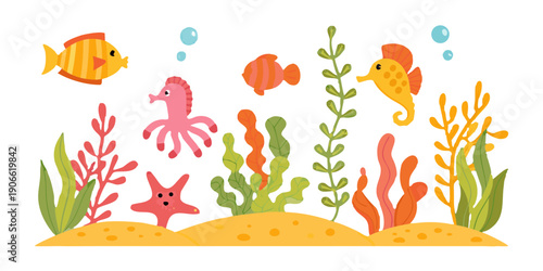 Photography Colorful cartoon illustration of underwater life with fish seahorses and coral