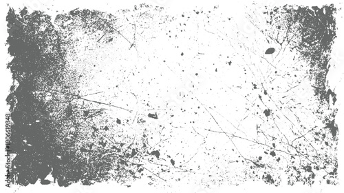 Grayscale distressed grunge texture with scattered speckles and linear scratches abstract background