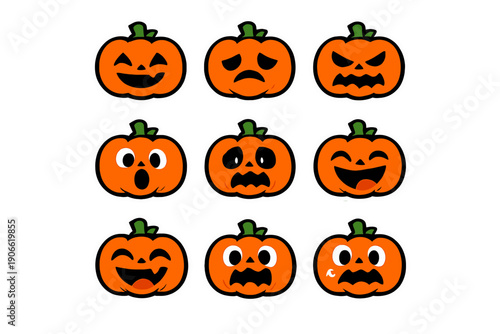 Halloween Pumpkin Emoji Stickers Set. Nine Jack-o'-Lantern Faces Collection Expressing Various Emotions: Happy, Angry, Sad, Scared.