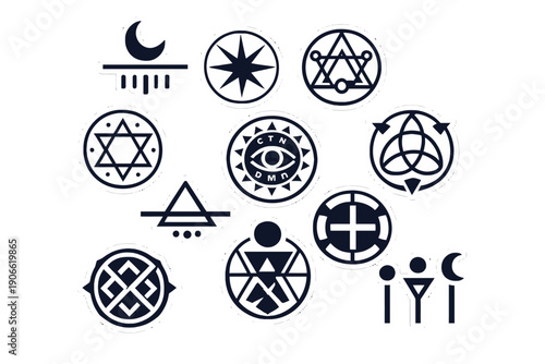 Collection of Esoteric Occult Symbols Sticker Set. Modern Mystical Emblems, Alchemy Geometry, Witchcraft, and Spiritual Icon Vector Graphics.