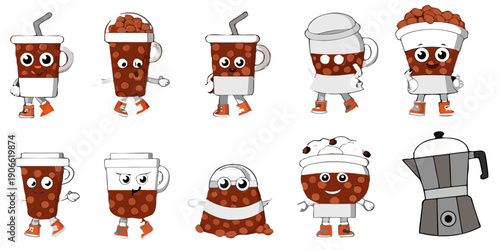 Cartoon collection of various coffee and beverage containers with faces