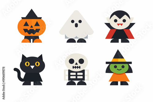 Cute Halloween Icons Set: Flat Minimalist Geometric Illustrations of Pumpkin, Ghost, Vampire, Witch, Cat, and Skeleton Characters