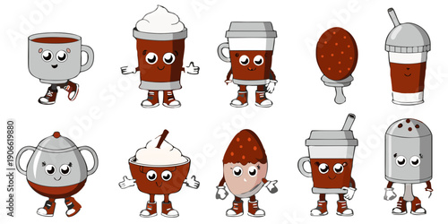 Cute cartoon beverages and treats with faces and tiny shoes