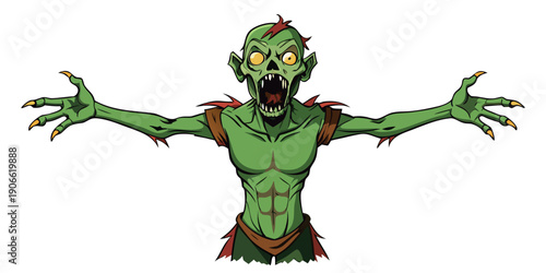 AI Generated - Zombie with its arms outstretched in the air against a white background. Professional stock photography for commercial use. High-resolution. Premium quality. Professional