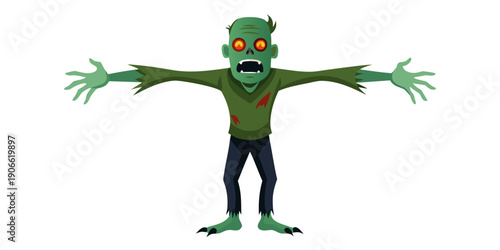 AI Generated - Zombie with its arms outstretched in the air against a white background. Professional stock photography for commercial use. High-resolution. Premium quality. Professional