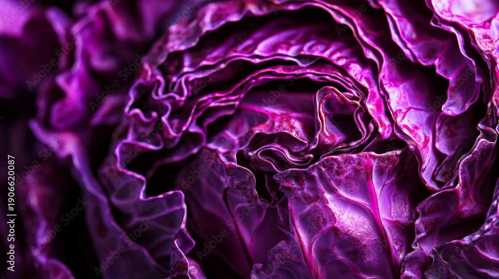 Obraz premium Closeup view of purple cabbage showcasing texture and layers on a dark background for clear contrast