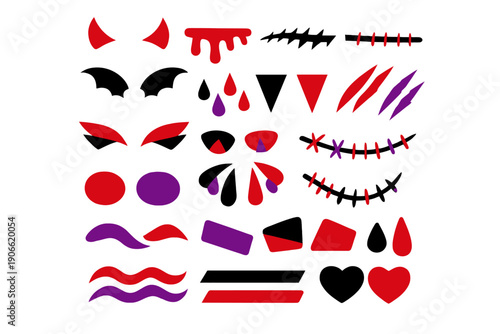 Halloween Graphic Elements Vector Set. Horror Face Stickers, Devil Horns, Bat Wings, Dripping Blood, Stitches, Wounds, and Claw Marks Icons Kit.