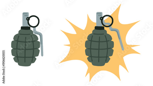 Grenade vector illustration with explosion, a military hand-held bomb icon