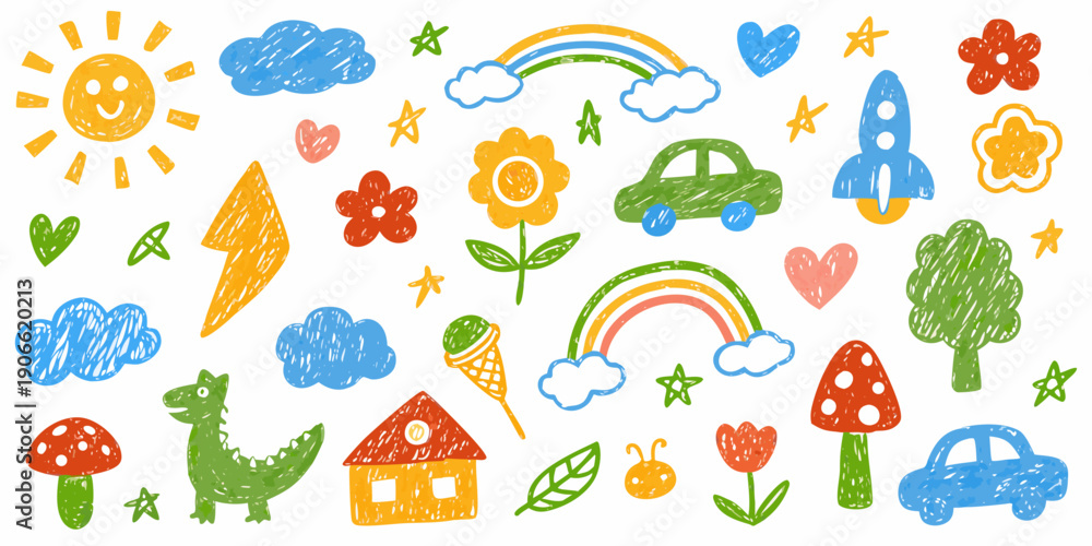 Fototapeta premium Colorful crayon drawings of a sun rainbow and various playful objects