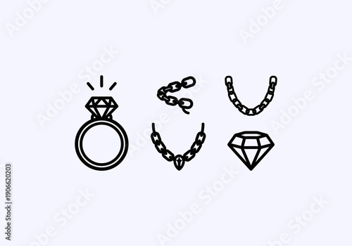 Vector Ilustration idea Concept Elegant Jewelry Collection - Ring, Chains, and Diamond Icons.