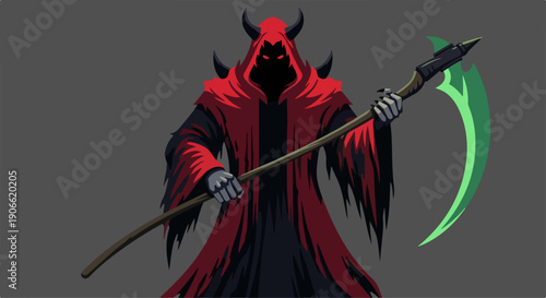 flat illustration of a devil in a red robe and carrying his weapon