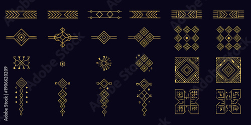 Golden art deco ornaments and geometric patterns on a dark background