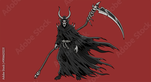 flat illustration of a devil in a robe and carrying his weapon