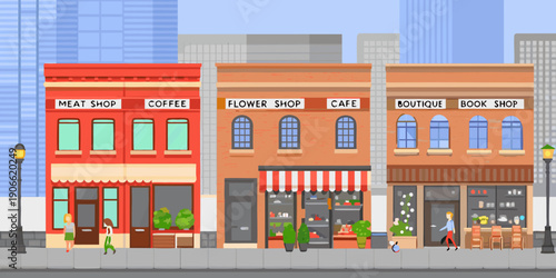 Pixel art storefronts line a city street with various small businesses