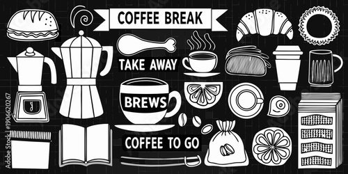 Chalkboard illustration of coffee food and takeaway items