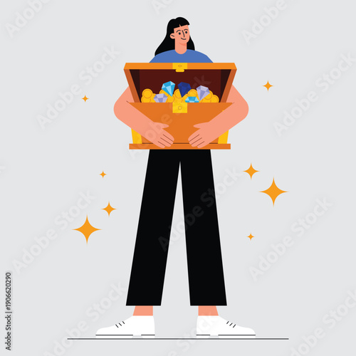 Young woman holding a treasure chest filled with gold coins and sparkling gems vector illustration.