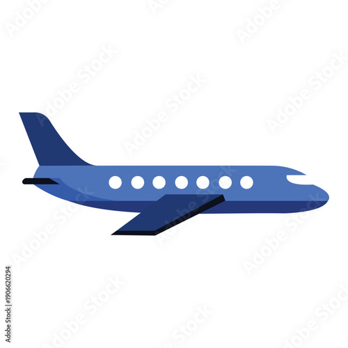 Blue passenger airplane flying in profile view isolated on white vector illustration.
