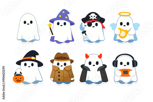 Adorable Ghost Sticker Pack: Cartoon Collection of Funny Spooky Characters in Various Costumes (Wizard, Pirate, Angel, Detective) for Halloween Design.