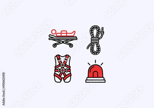 Vector Ilustration idea Concept Emergency Rescue Icons - Stretcher, Rope, Harness, and Siren with Red Accents.
