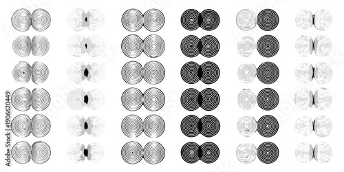 Optical illusion grid of varying paired elliptical shapes and patterns