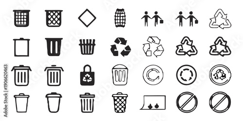 Collection of monochrome recycling and waste disposal icons on a black background
