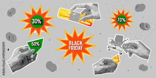 Black friday sale promotion with hands cards and discount percentages