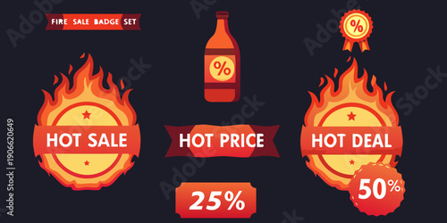 Fire sale badges and hot price tags with flame graphics