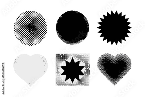 Abstract black and white shapes hearts crescent square and dotted forms