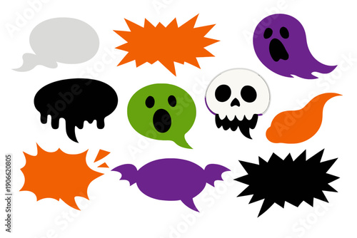Spooky Halloween Dialogue Bubbles and Comic Shapes Collection. Ghost, Skull, Dripping Goo, and Explosion Chat Boxes for Design.