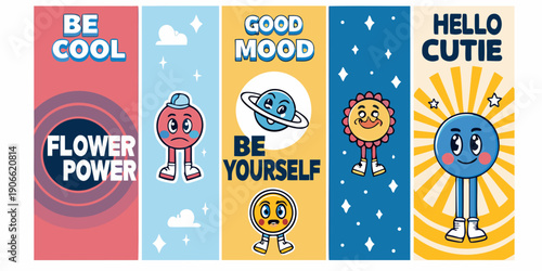 Colorful banner set featuring positive phrases and cute illustrated characters